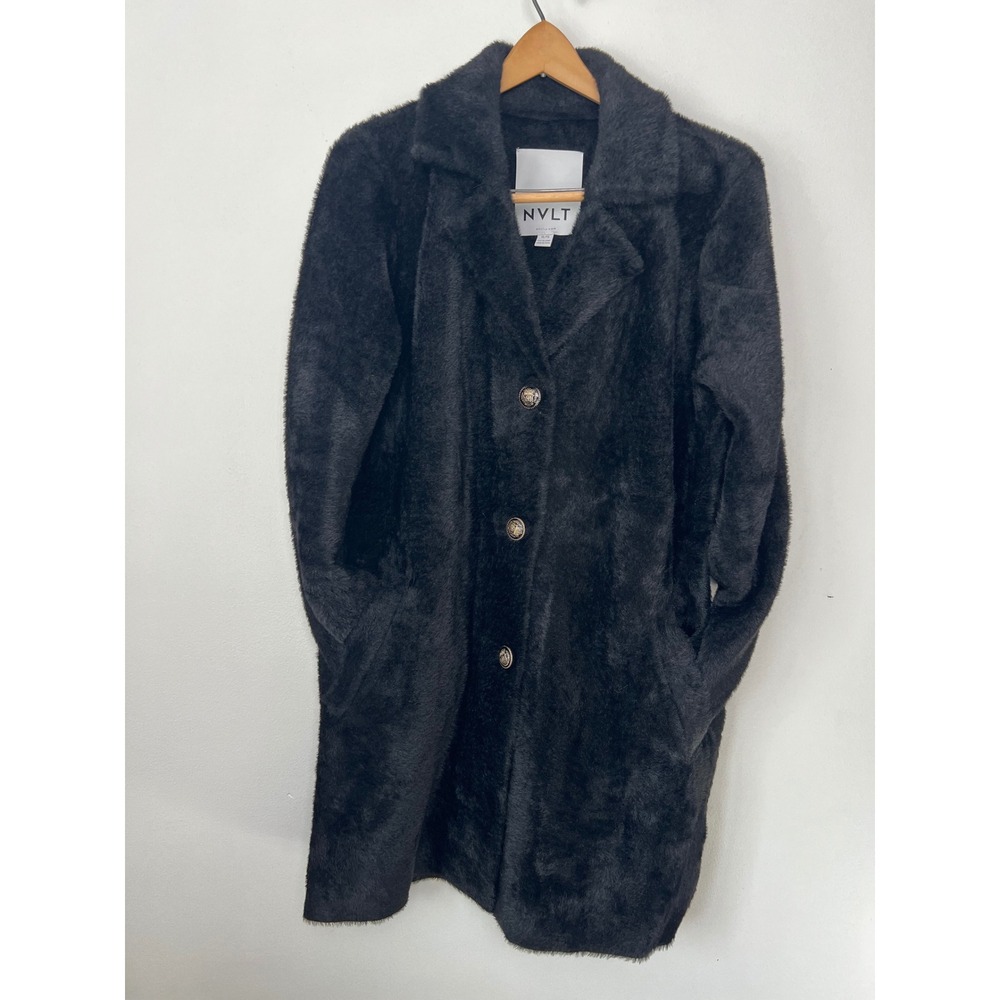 NVLT Black Faux Fur Teddy Coat Womens XL Longline Button Front Jacket